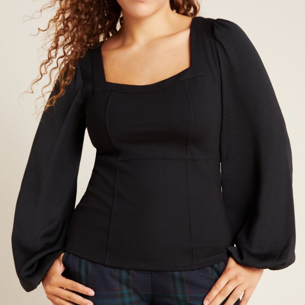 Anthropologie Black Square-Neck Puff-Sleeve Blouse